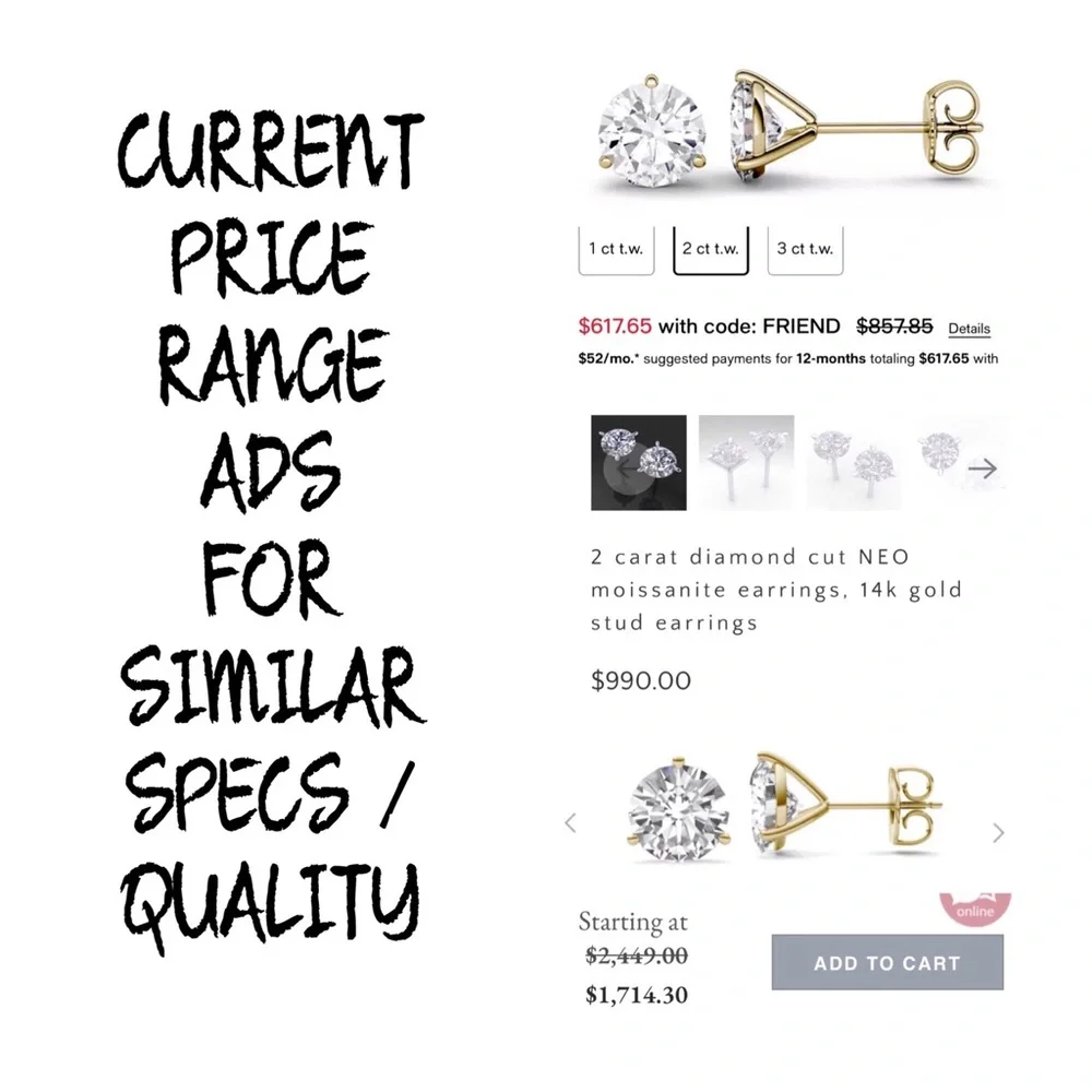 14KT 2 CARAT GENUINE MOISSANITE SOLID YELLOW GOLD MARTINI SET STUD EARRINGS NWOT - Picture 6 of 12